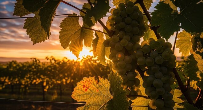 Vineyard vista at twilight unveiling ripening grapes under glowing sunset sky - Powered by Adobe