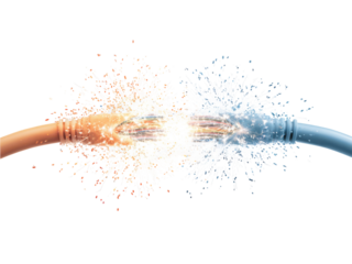 A cable is split in two, with one side orange and the other blue