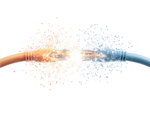 A cable is split in two, with one side orange and the other blue
