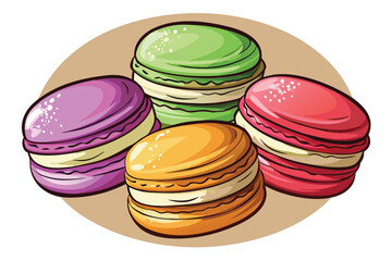 Stacked colorful macarons in purple, green, orange, and red hues beautifully arranged on beige backdrop