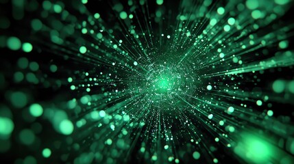 Data tunnel transmitting glowing green particles representing digital flow