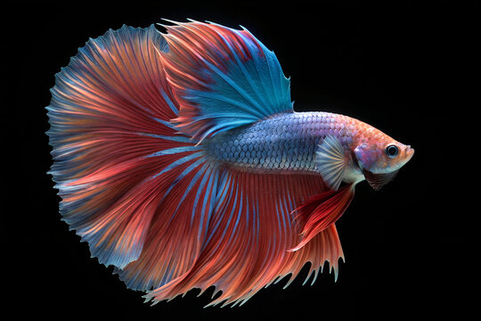 Vibrant Rosetail Halfmoon Betta Fish on Black Background 