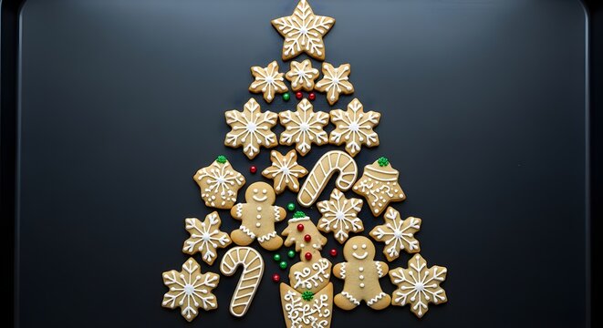 Festive gingerbread cookies arranged in a charming Christmas tree shape, celebrating the holiday spirit with sweet treats. - Powered by Adobe