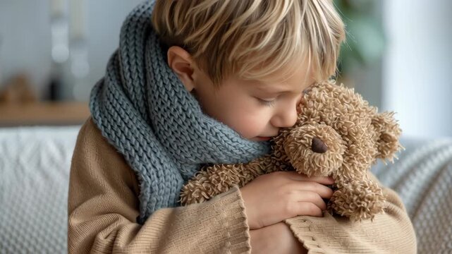Child cuddling plush toy in cozy sweater and warm scarf, blonde hair glowing in soft light, comfort and joy at home