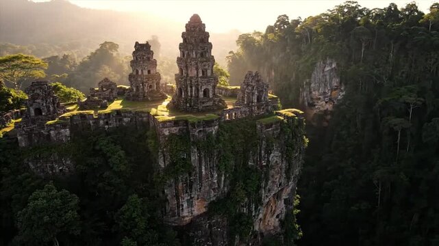 Ancient City of Koh Ker Temple Ruins on Cliffside in Cambodia Cinematic Drone Footage of Landscape and Dense Green Jungle on Misty Morning