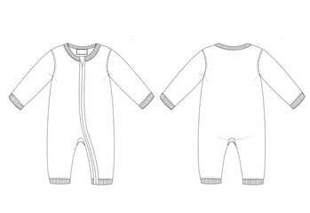 Technical line drawing of a cozy baby onesie with long sleeves, front zipper, and ribbed cuffs in a simple style for infants © ekaterina