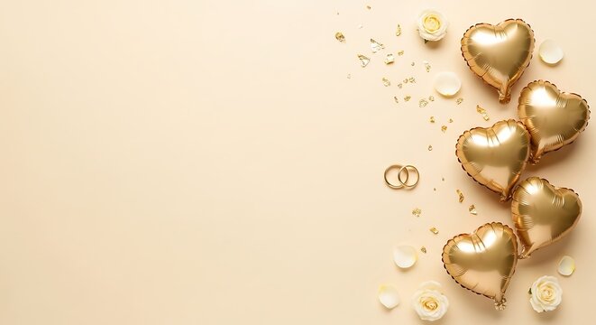 Golden Heart Balloons Wedding Rings and White Roses
