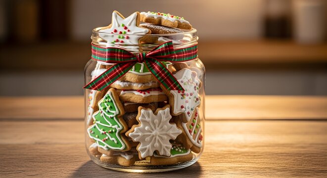 Festive homemade holiday cookies fill a charming glass jar, tied with a plaid ribbon, perfect for seasonal celebrations and gifting. - Powered by Adobe