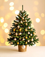 Tarjeta de felicitación o christmas navideño con un arbol o abeto de navidad decorado con adornos y bolas navideñas en ambiente dorado con reflejos y luces brillantes desenfocadas