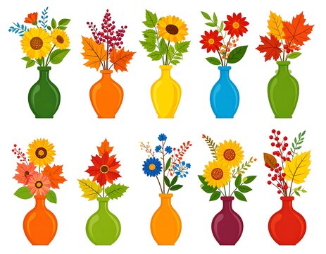 Collection of autumn flower arrangements in vases, vector art, colorful and inviting - Powered by Adobe