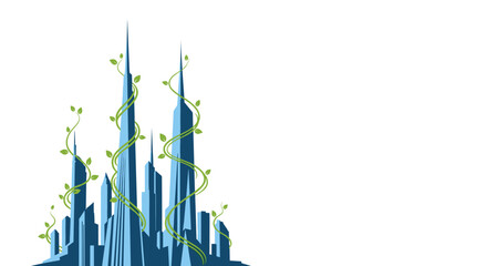 Illustration of a sustainable futuristic city skyline with plants growing on skyscrapers.