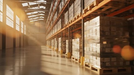 Sunlit empty warehouse transition to filled storage racks with pallets. Logistics and inventory management concept for supply chain. - Powered by Adobe