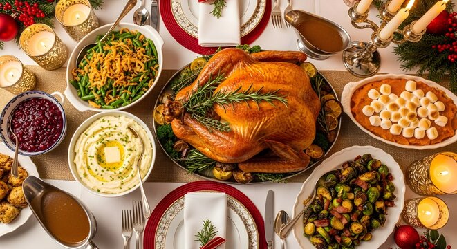 A bountiful holiday feast with a golden roasted turkey centerpiece, surrounded by festive side dishes and warm candlelight.