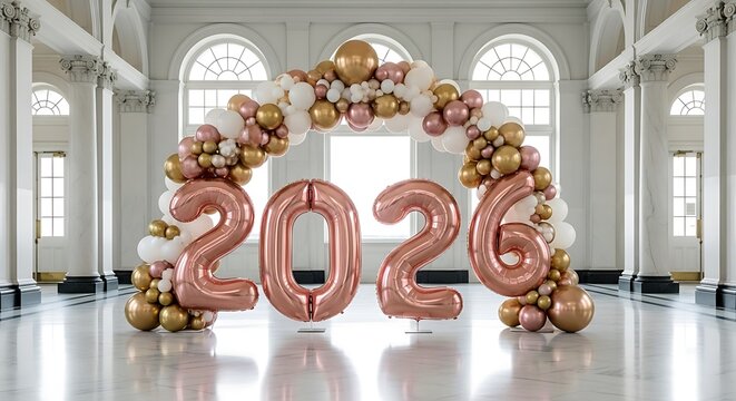 Rose Gold Balloon Arch and 2026 Numbers in Grand Hallway celebration chandelier