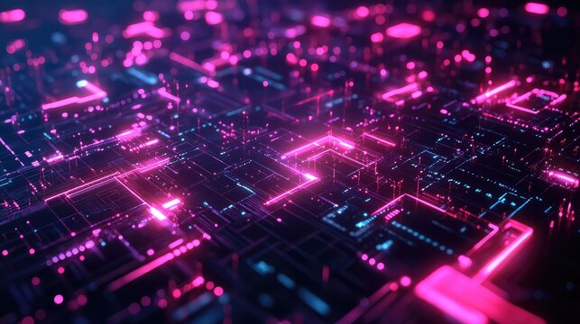 Digital circuit board transmitting glowing data signals - Powered by Adobe