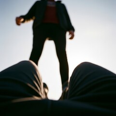 Striking Low Angle Perspective of a Silhouetted Person Against a Bright Sky with Blurred Focus