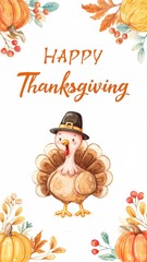 Naklejka premium Cute watercolor thanksgiving turkey greeting card