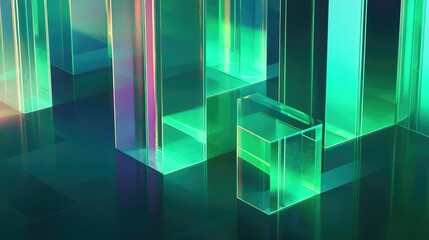 Green glass elements reflecting light on dark background