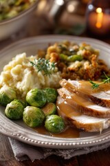Thanksgiving dinner plate with roasted turkey and sides