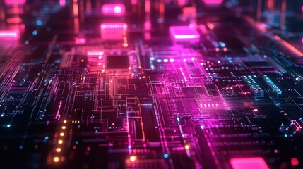 Digital circuit board processing data with abstract glowing lines
