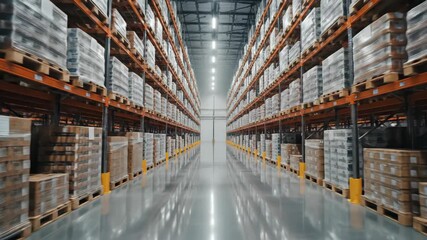 Tracking movement in a modern warehouse with high rack storage and packaged goods on pallets for efficient logistics. - Powered by Adobe