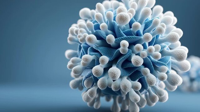 Blue white flu virus particle closeup with detailed surface texture, microscopic view of contagious disease, healthcare medical research