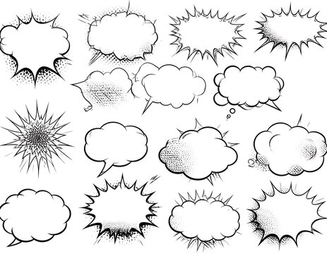 Collection of 15 stylized comic speech bubbles, varying in shapes, outlines, and textures