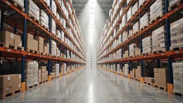 Empty warehouse aisle with high racks full of goods and boxes. Logistics and distribution center with stored products.