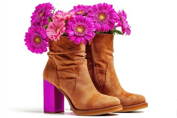 Un par de botas de ante marr&oacute;n con un tac&oacute;n p&uacute;rpura vibrante, adornadas con un exuberante ramo de gerberas moradas.