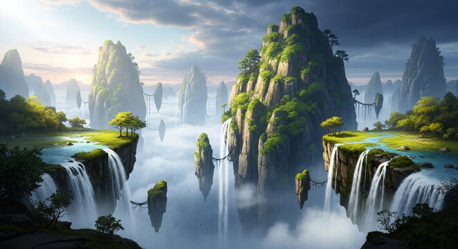  Floating Mountain Islands with Waterfalls Cascading into a Cloudy Sky Abyss for a Fantasy Wallpaper