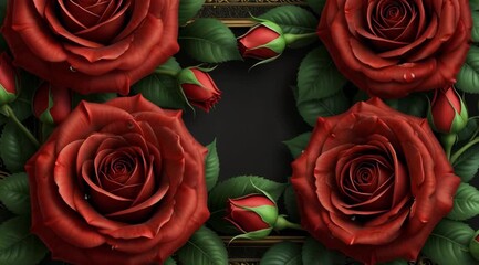Elegant red roses with lush green leaves frame a dark background, enhanced by an ornate gold border