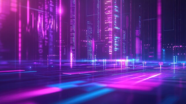 Futuristic digital cityscape reflecting virtual reality network light