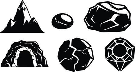 Black and white vector set of mountain cave rocks and crystals illustration design elements for nature and geology themes 