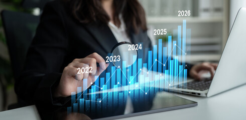 Business bar chart and line graph showing yearly business growth from 2022 to new year 2026,...