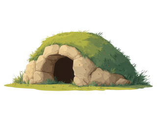 A small, round, stone house with a grass roof