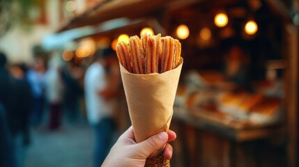 Churros Held in Hand at Outdoor Market