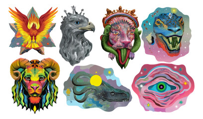 Naklejka premium Diverse Mythical Beasts and Creatures with Colorful Backgrounds in Unique Shapes