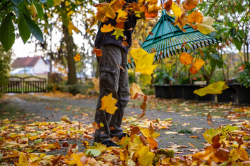 Laub Bl&auml;tter im Herbst mit Schwung auf einen Haufen schmei&szlig;en