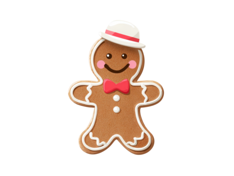 A gingerbread man with a bow tie and a white hat