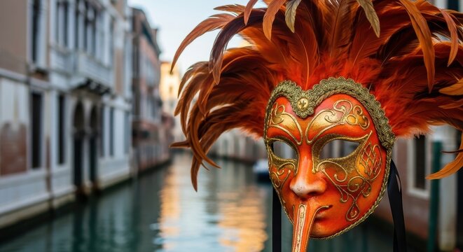 Venetian carnival mask with elaborate detailing, placed against the background of calm canal scenery - Powered by Adobe