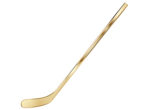 A gold colored hockey stick is shown in a white background