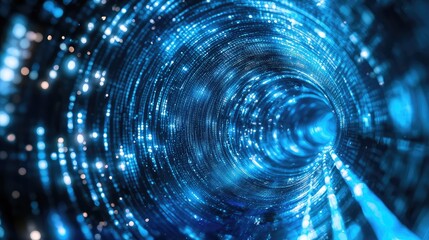 Blue fiber optic data flowing in abstract tunnel