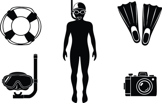 Scuba Diver Silhouette with Snorkel Mask Fins Life Buoy and Camera Vector Illustration for Water Activities and Leisure 