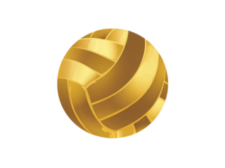 A gold colored volleyball with a white background