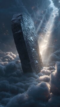 Un monolito antiguo emerge de entre las nubes, ba&ntilde;ado por la luz de un sol oculto.