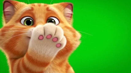 Animated orange cat smiling, looking at camera on green screen background, for use in editing