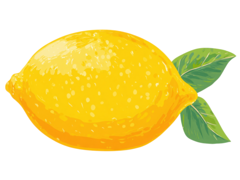 A yellow lemon with a green leaf on top