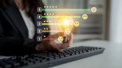 A customer satisfaction feedback and five star rating system. A concept for service review, product evaluation, and measuring user experience. Motif