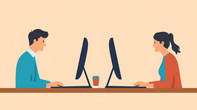 Business two employees working on computers facing each other in an office