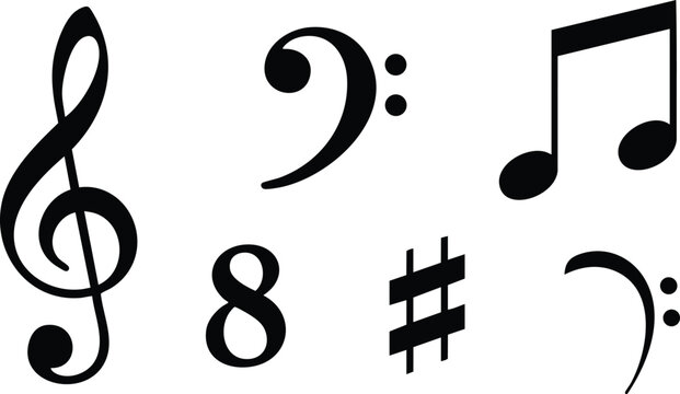 Collection of musical symbols including treble clef bass clef eighth note sharp and common time vector illustration 